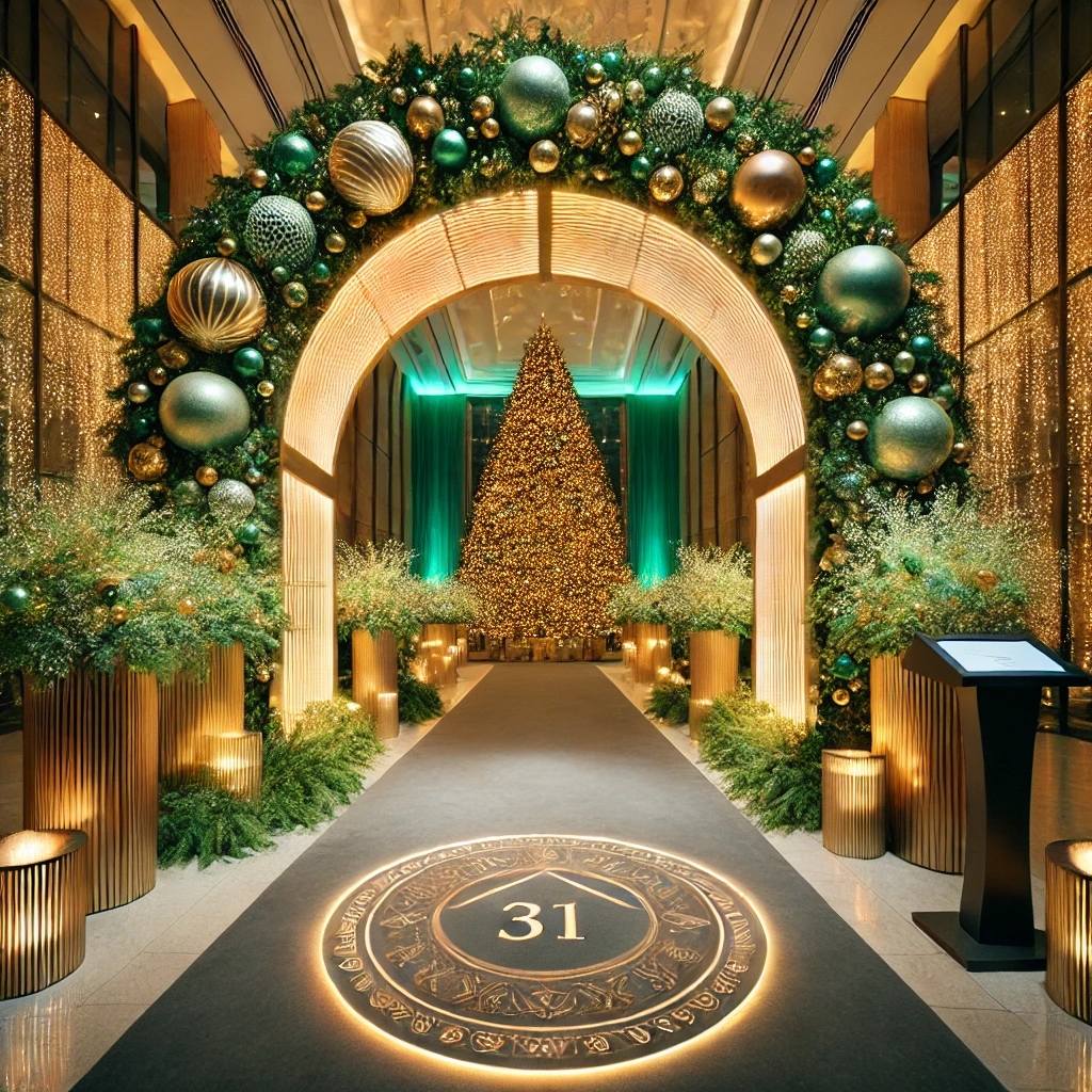 DALL·E 2024 10 25 10.48.43 A luxurious corporate Christmas event decoration setup with a grand illuminated archway at the entrance and a giant Christmas tree inside without any