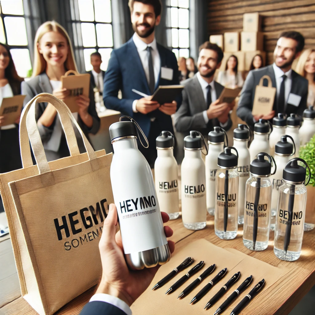 DALL·E 2024 10 28 16.41.37 Professional event scene where guests are receiving personalized corporate gifts such as water bottles pens or tote bags with the company logo. The