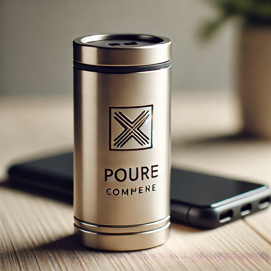 DALL·E 2024 10 28 16.44.32 Close up photo of a high quality personalized corporate gift such as a coffee mug or portable charger with the companys logo engraved. The object i