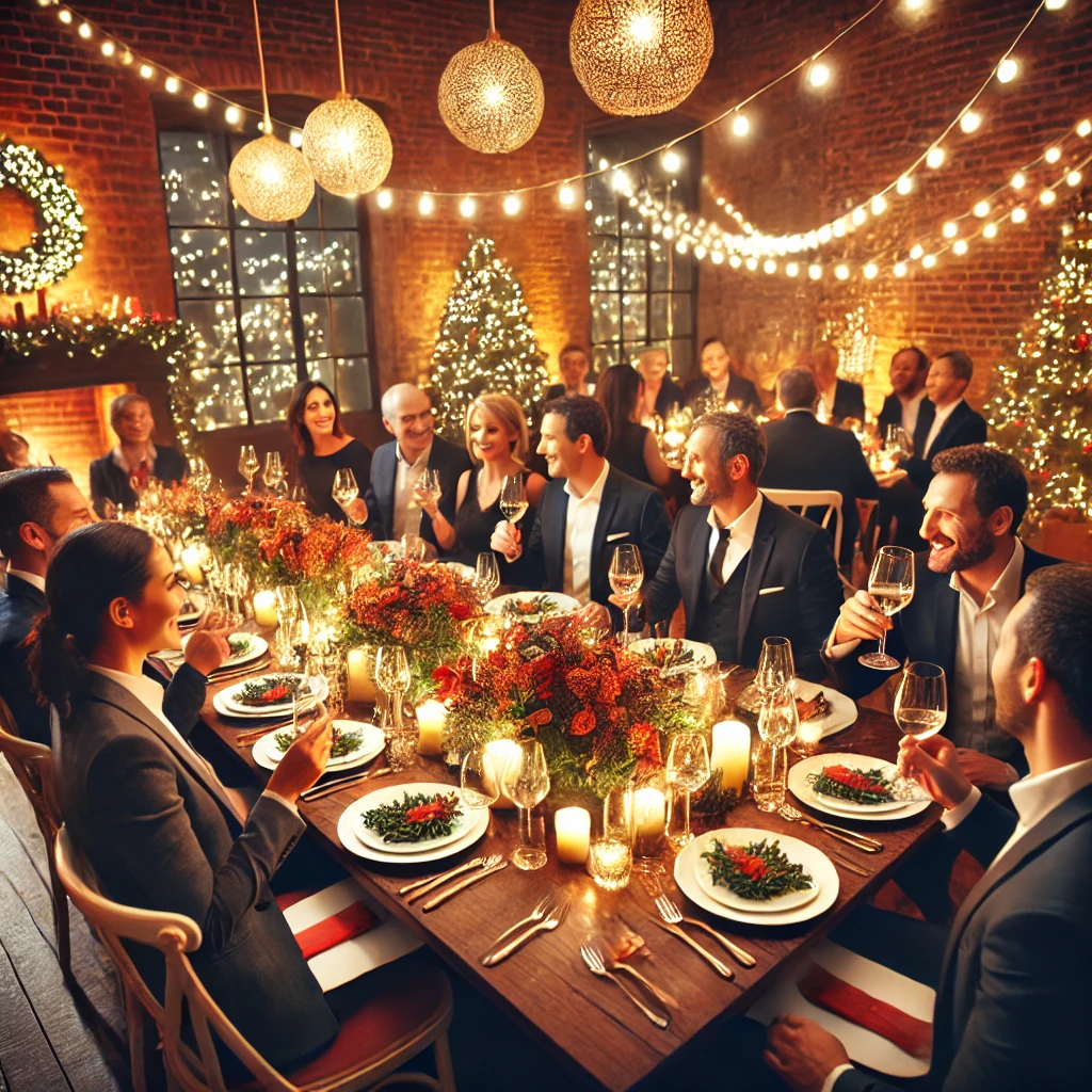 DALL·E 2024 11 05 17.12.00 An image of a festive corporate dinner at the end of the year with elegantly decorated tables warm lighting and Christmas decorations. Team members