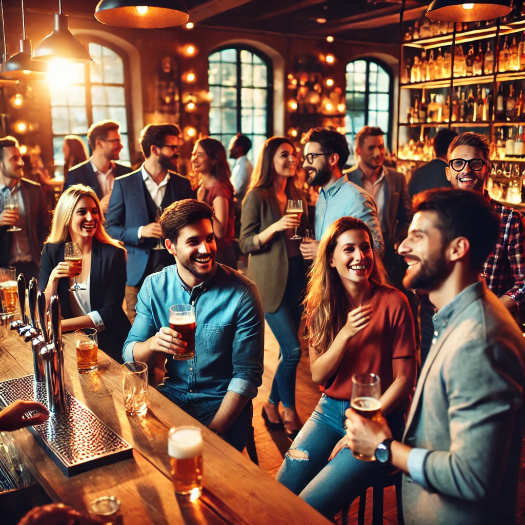 DALL·E 2024 11 26 14.13.18 A group of colleagues in a lively bar during an afterwork event. They are casually dressed enjoying drinks laughing and socializing. The atmosphere