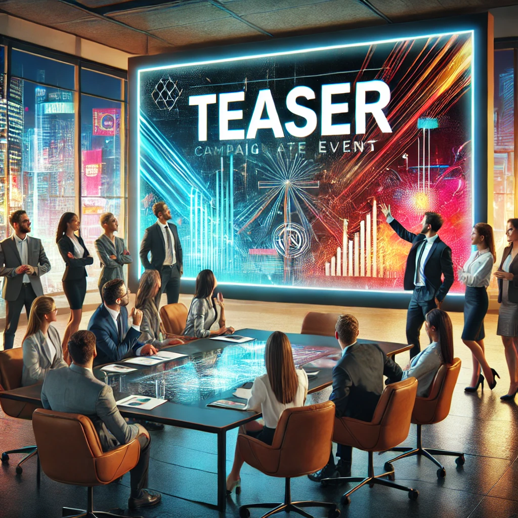 DALL·E 2024 12 02 16.51.59 A group of excited professionals gathered around a large screen displaying a teaser campaign for a corporate event. The environment is modern and inte