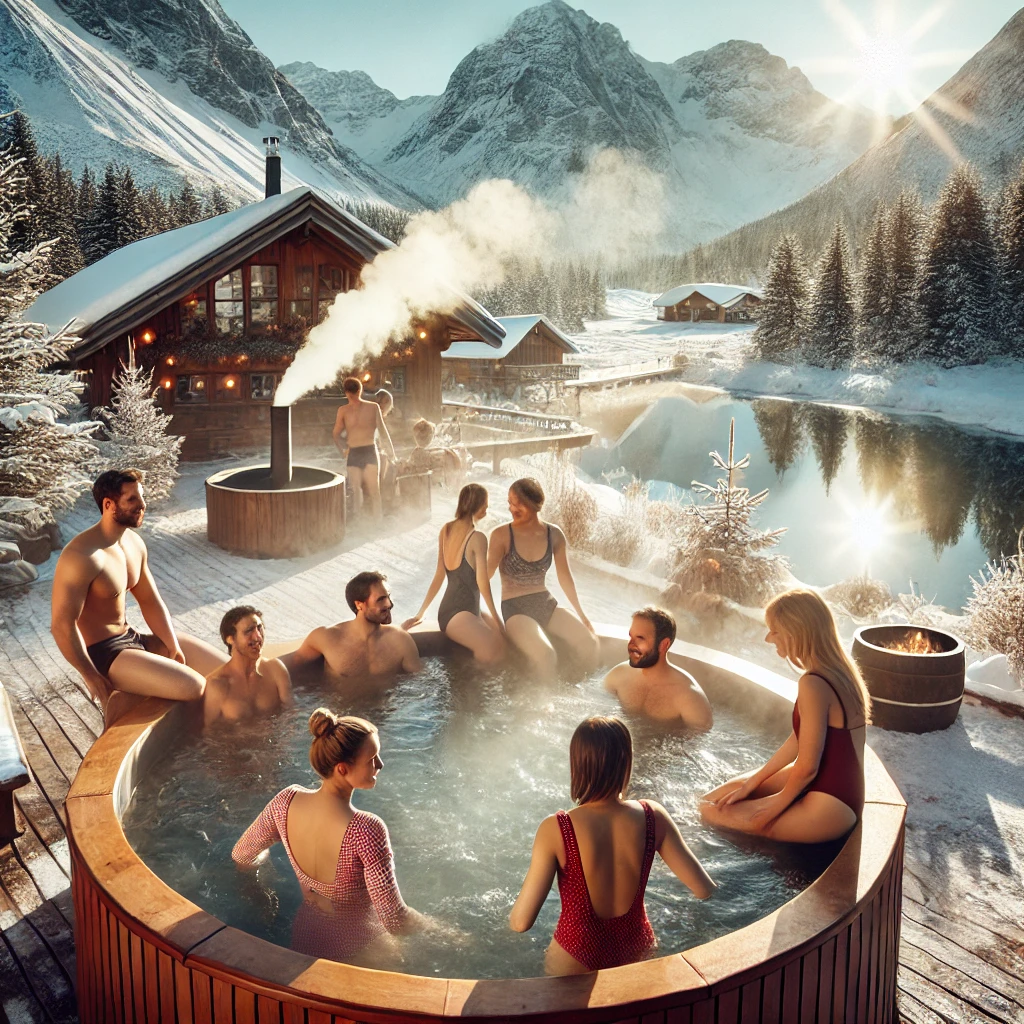 DALL·E 2024 12 09 17.05.32 An outdoor Nordic hot tub experience with steam rising surrounded by snowy mountains and a serene winter landscape. In the hot tub a small group of