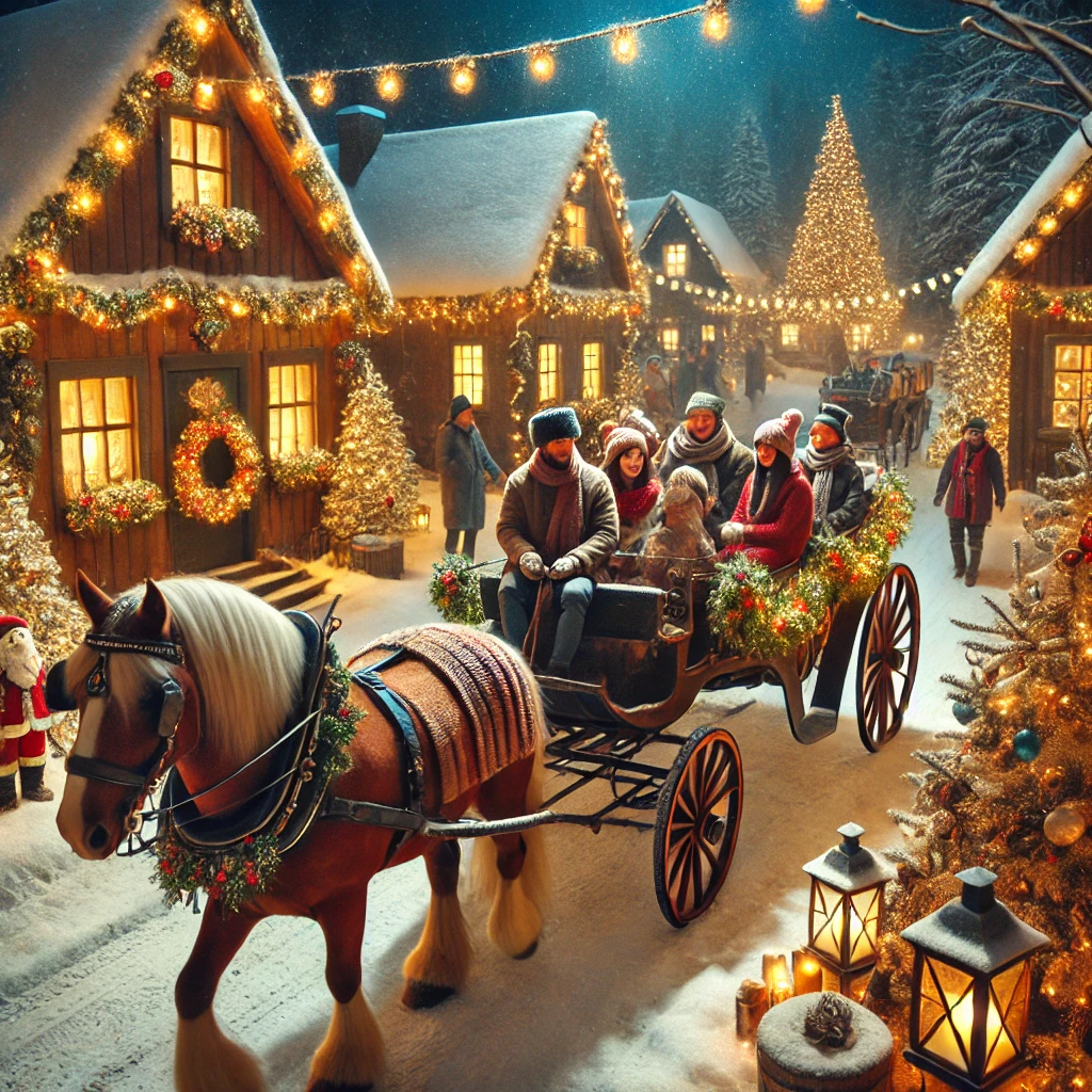 DALL·E 2024 12 09 17.06.26 A charming Christmas village with a festive ambiance featuring a large horse drawn carriage carrying a small group of colleagues dressed in warm wint