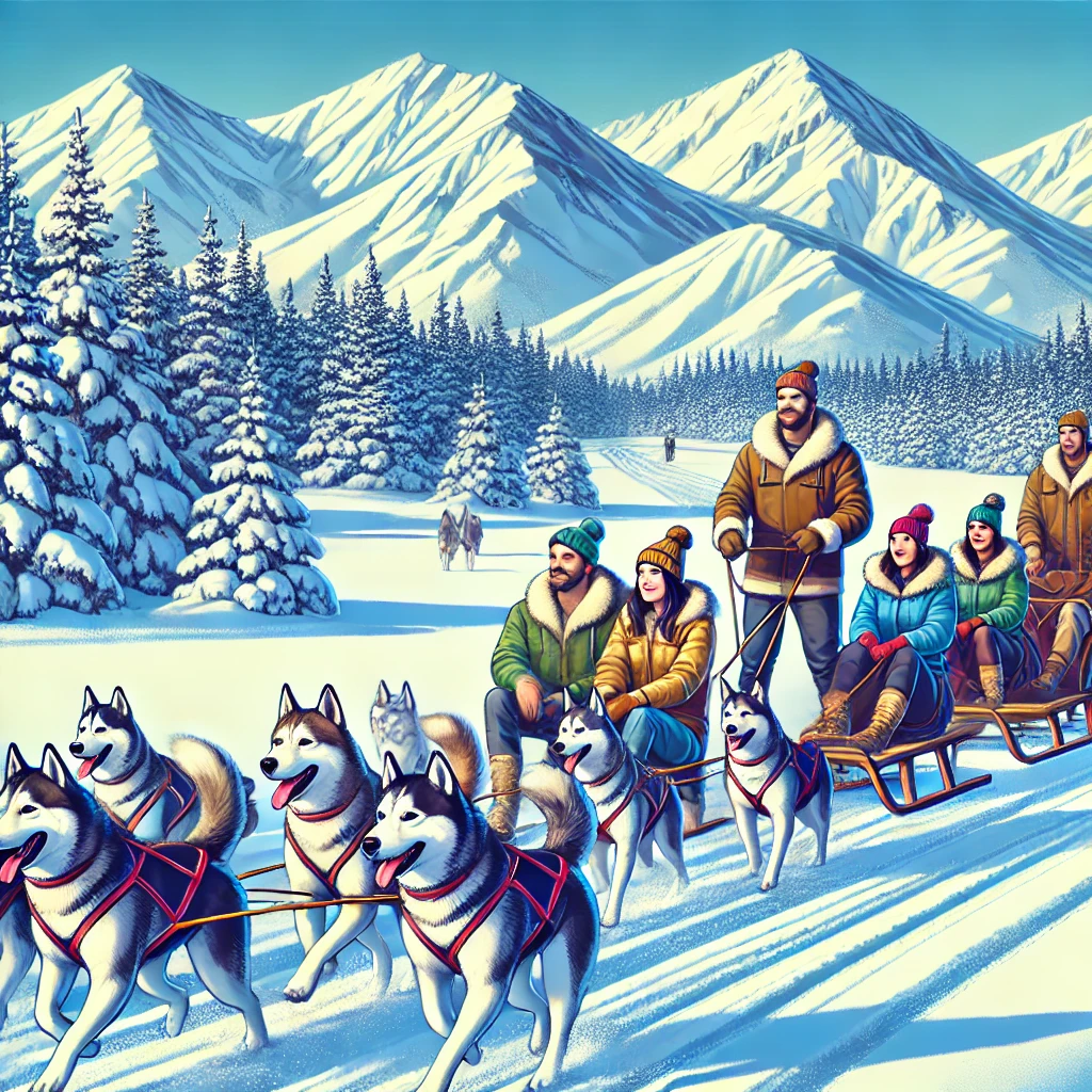 DALL·E 2024 12 09 17.07.25 A winter scene featuring three dog sleds being pulled by teams of four huskies each moving across a snowy landscape. Each sled carries a group of col