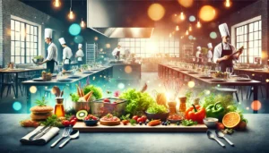 DALL·E 2024 12 13 15.43.19 A vibrant and professional rectangular header image showcasing the catering profession. The scene features a beautifully arranged table with gourmet d