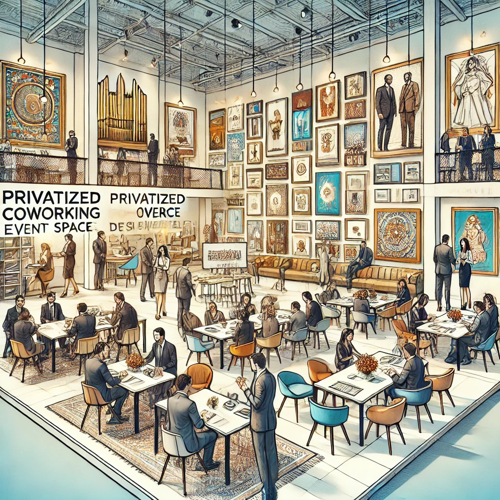 DALL·E 2025 01 13 17.07.33 An illustration of a professional corporate event setup in a privatized coworking space designed for the occasion located in a modern art gallery. Th