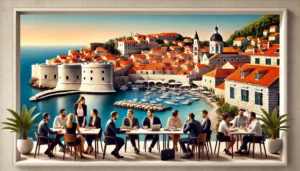 DALL·E 2025 01 17 15.26.48 A rectangular image of a picturesque Croatian coastal village such as Dubrovnik with its terracotta rooftops and medieval walls overlooking the blue