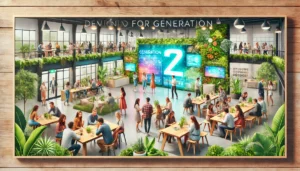 DALL·E 2025 01 17 17.19.01 A rectangular image depicting a modern event setting designed for Generation Z. A diverse group of young people is shown engaging in an immersive and