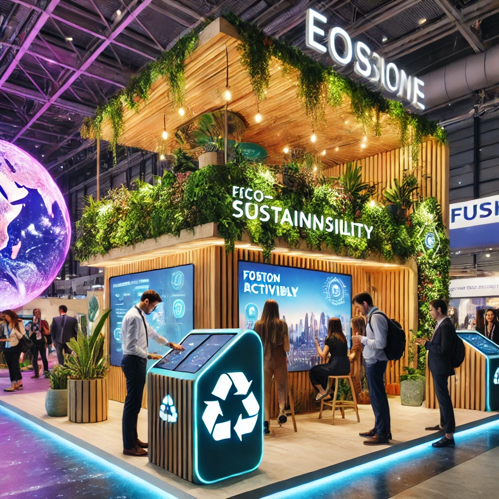 DALL·E 2025 01 24 17.29.15 A vibrant event stand designed with sustainability in mind featuring recyclable materials plants integrated into the decor and a solar powered ligh