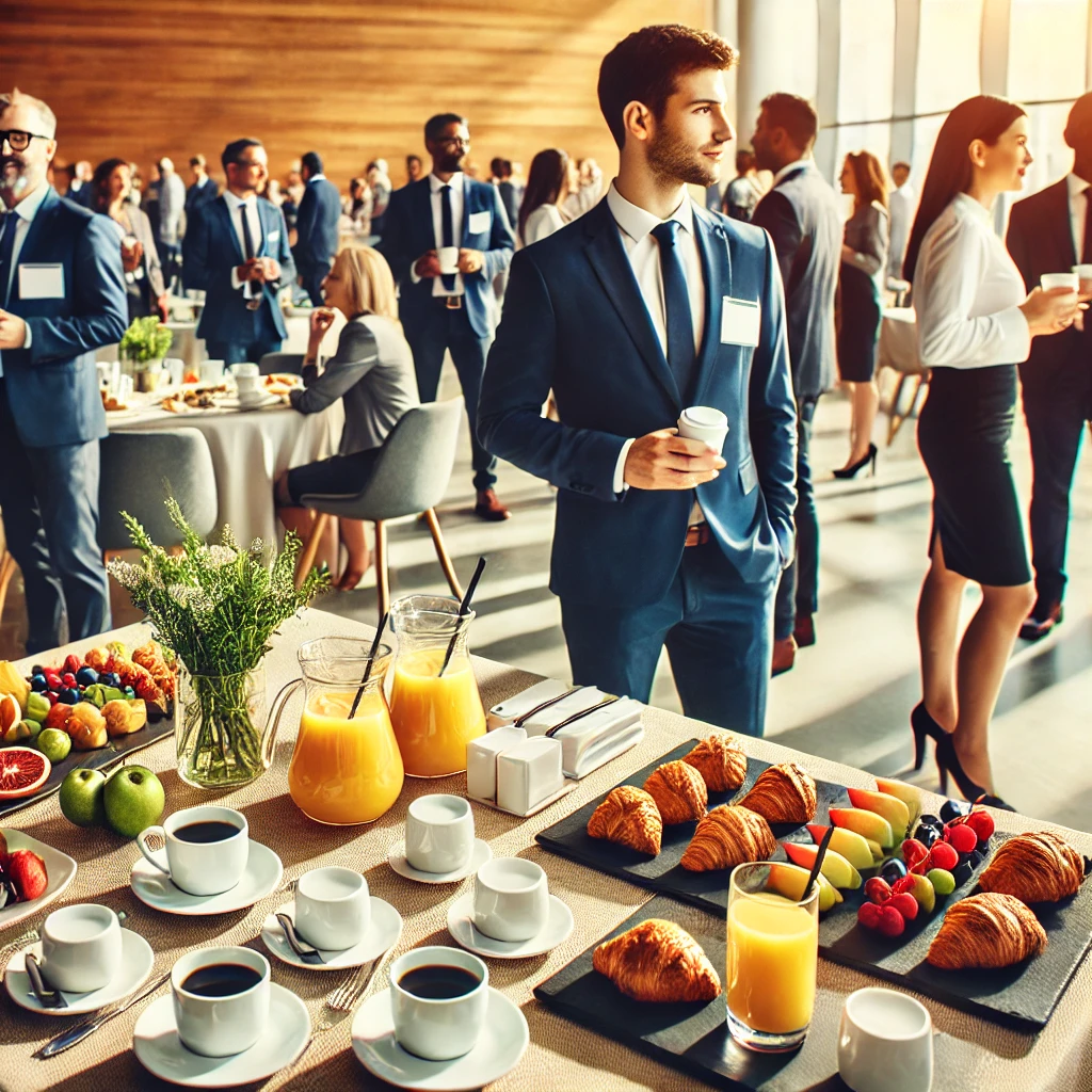 DALL·E 2025 01 28 17.05.53 A professional and vibrant event coffee break scene showcasing a variety of breakfast items including croissants fresh fruits and coffee setups wi