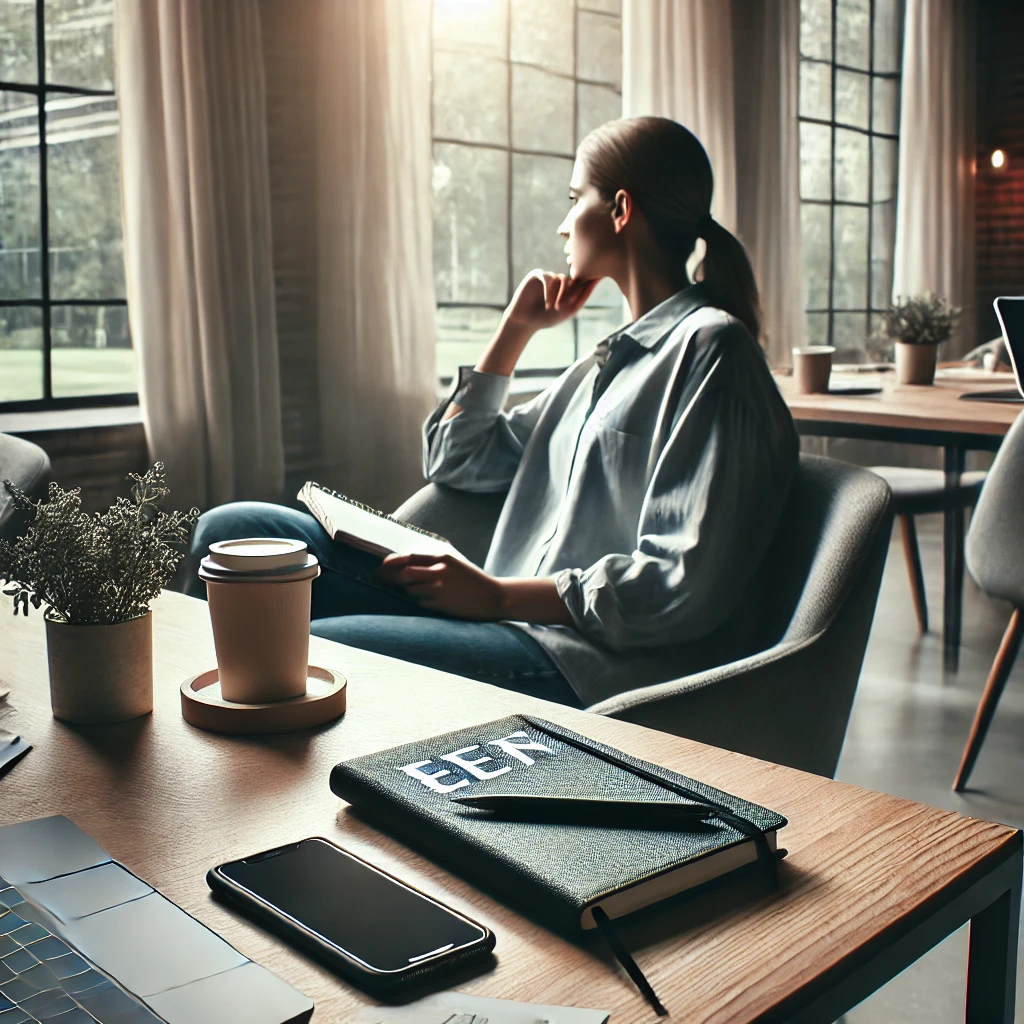 DALL·E 2025 02 07 17.10.07 A modern office setting with an event planner taking a mindful break. The person is sitting by a window looking outside with a cup of coffee a note