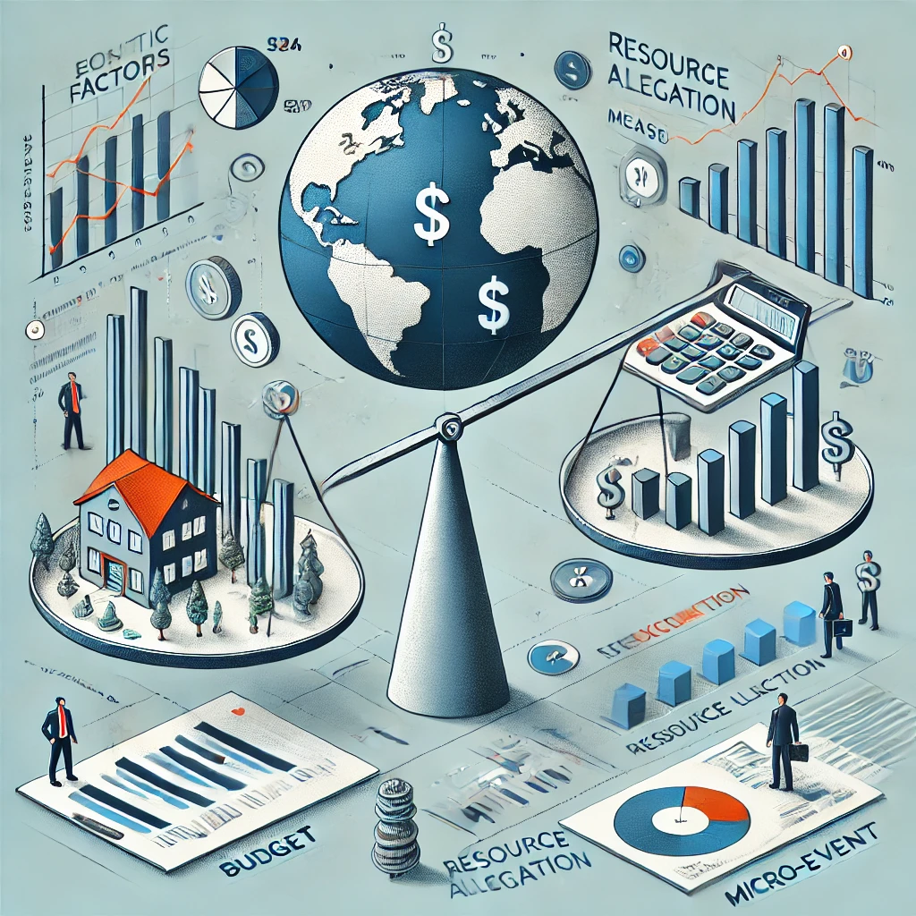 DALL·E 2025 02 11 15.13.12 An illustration of economic factors driving corporate micro events. A visual representation of cost cutting measures showing a company balancing