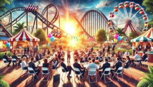 DALL·E 2025 02 17 16.53.30 A vibrant and dynamic scene of a corporate event taking place in a theme park. The image features a group of professionals engaged in discussions and