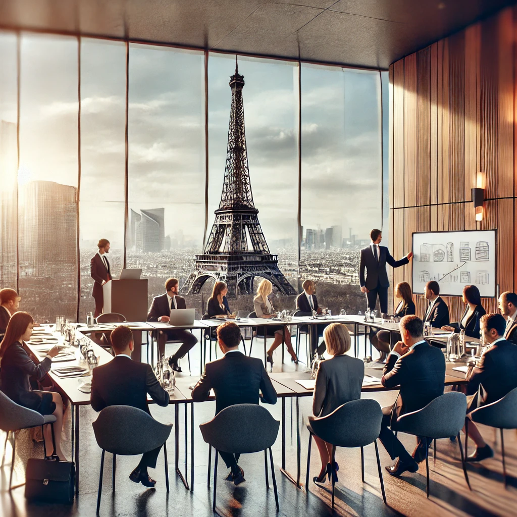 DALL·E 2025 02 18 12.56.07 A professional business seminar taking place in Paris France. The setting includes a high end conference room with a view of the Eiffel Tower. Well d