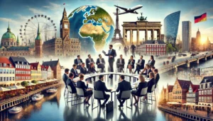 DALL·E 2025 02 18 13.03.27 A dynamic and professional business seminar taking place in multiple iconic European capitals. The image is a composite representation featuring key l