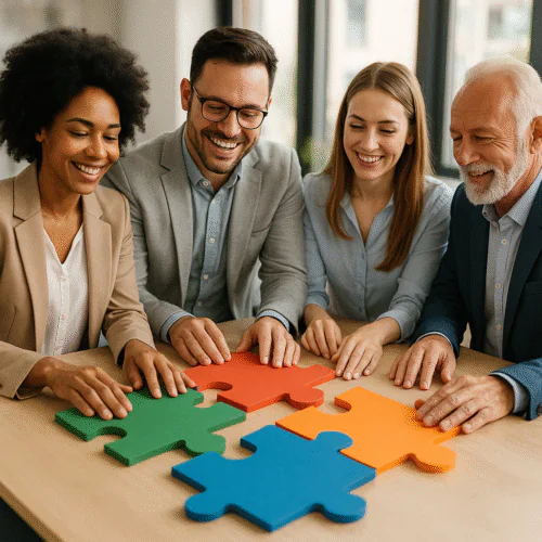 Équipe assemble des pièces de puzzle géantes