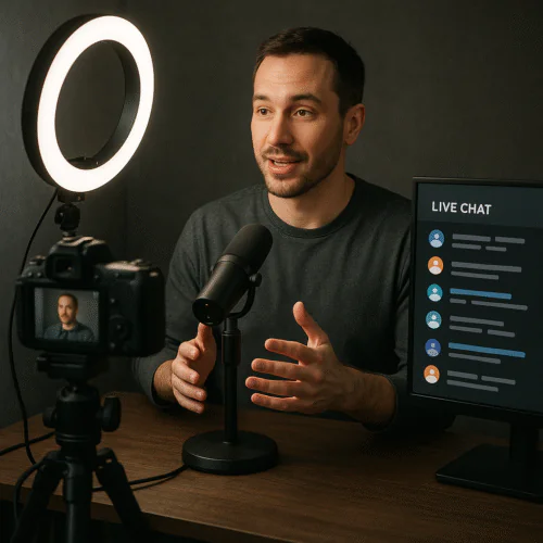 Mini-studio live avec caméra, écran de retour et intervenant.