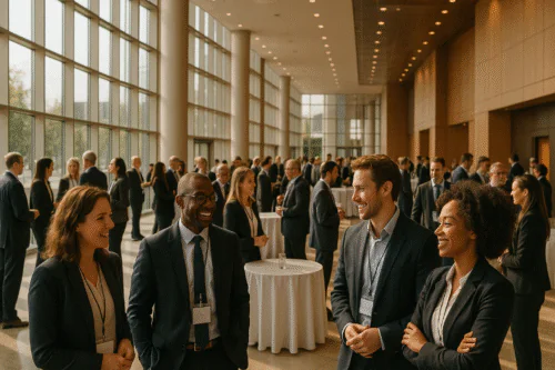 Participants souriants dans un hall de congrès lumineux avec de grandes baies vitrées et une ambiance conviviale