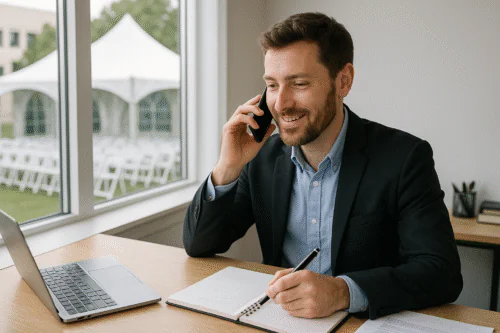 Professionnel relançant par téléphone un lieu événementiel