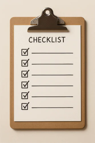 Clipboard avec checklist en 6 points sur fond neutre.