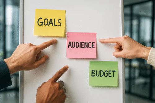 Tableau blanc avec post-its et mains pointant objectifs, audience, budget.