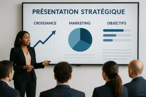 présentation stratégique sur grand écran avec graphiques de croissance, marketing et objectifs, femme professionnelle en costume noir expliquant devant un public