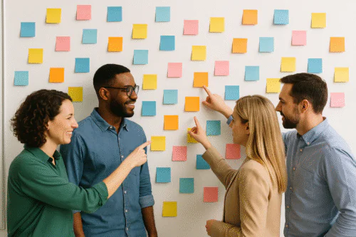 Collègues priorisent des idées sur post‑its