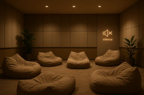 Salle “silent room” d’un événement professionnel avec lumière tamisée, gros poufs, plantes et panneaux acoustiques