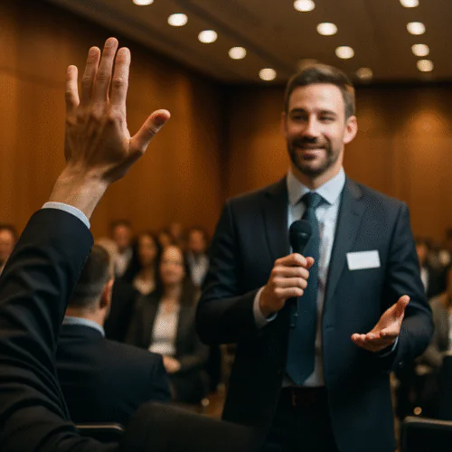 Intervenant répondant à une question d’un·e participant·e main levée.