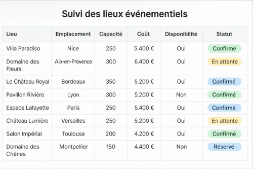 Tableau Excel de suivi des lieux événementiels