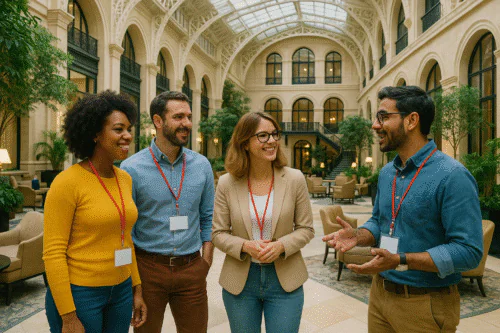 Collègues en discussion dans l'atrium