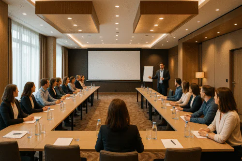 Conference professionnelle dans une salle moderne