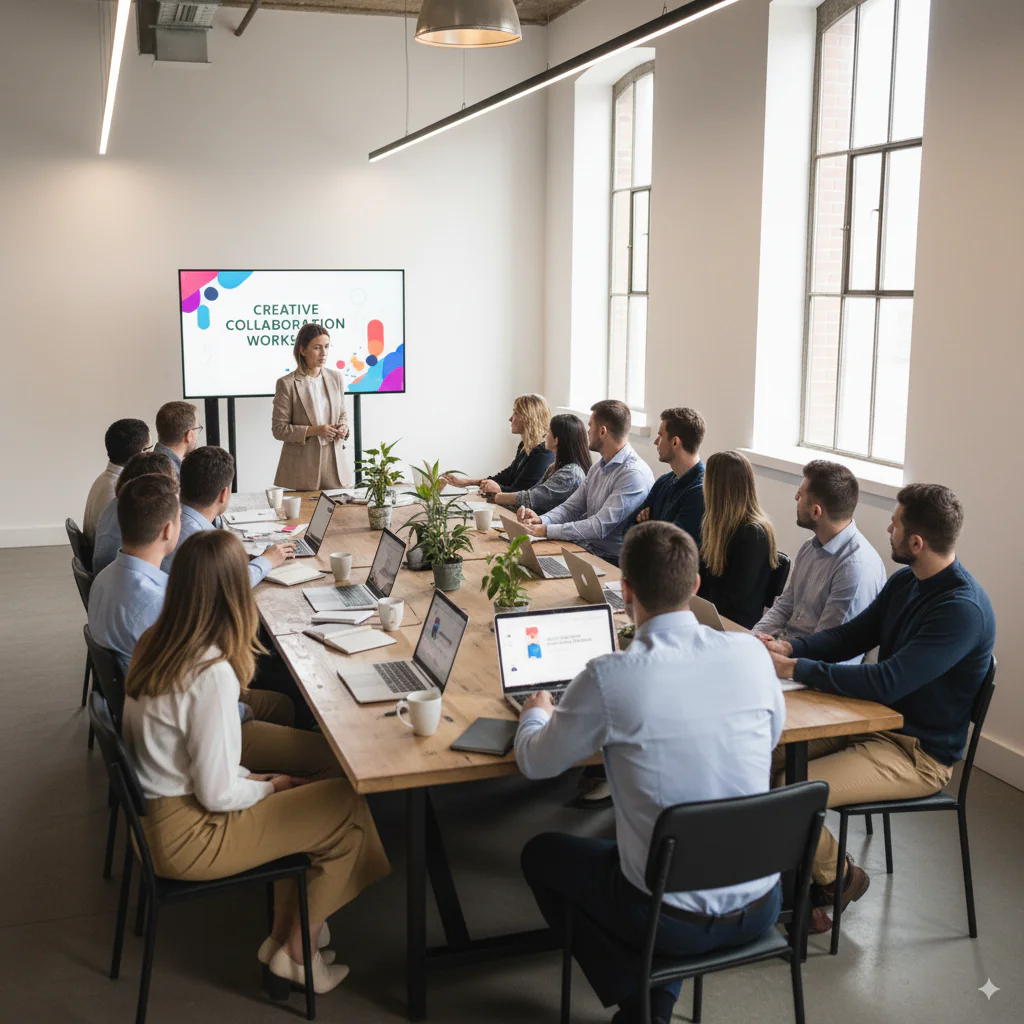 réunion d'entreprise depuis une salle de coworking