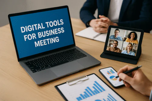 Reunion daffaires avec outils numeriques