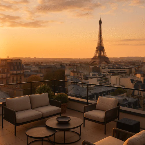 Terrasse parisienne au coucher du soleil