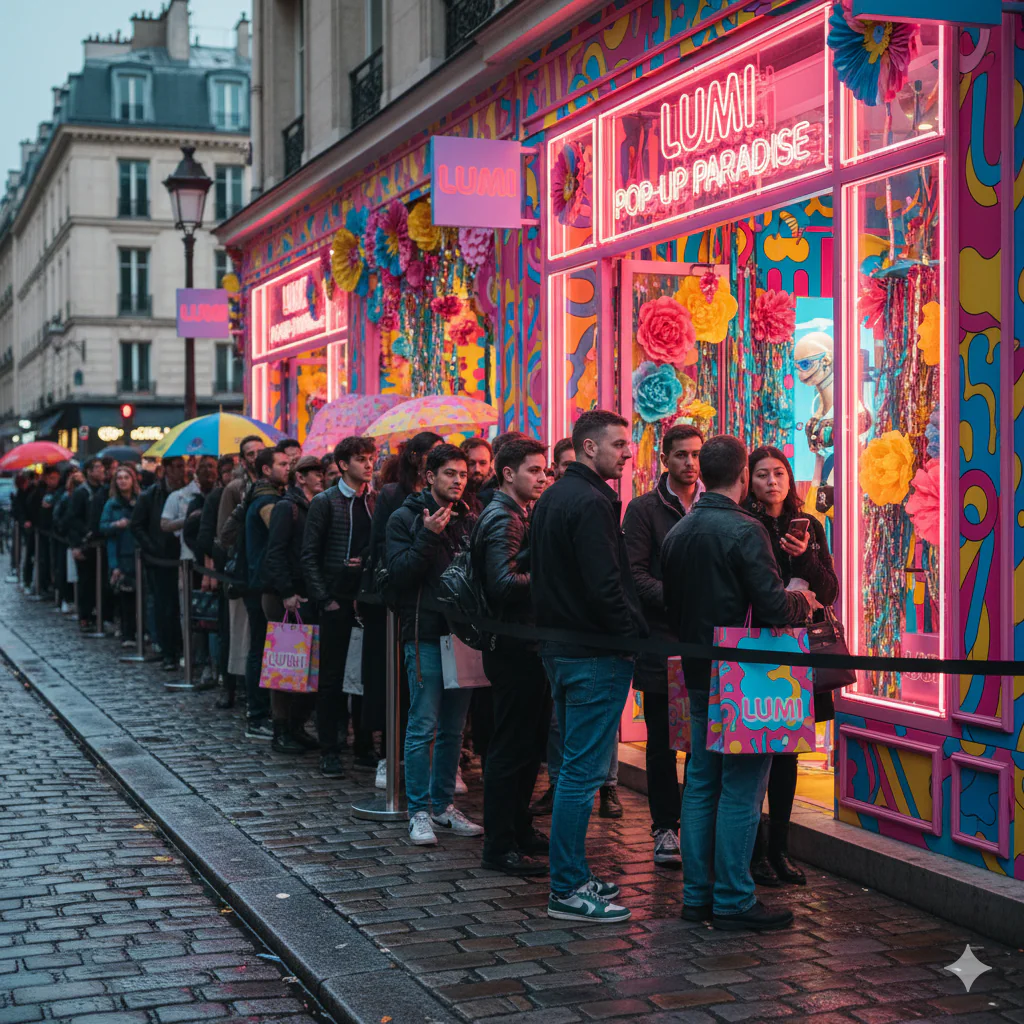 file d'attente devant une vitrine colorée d'un pop-up store