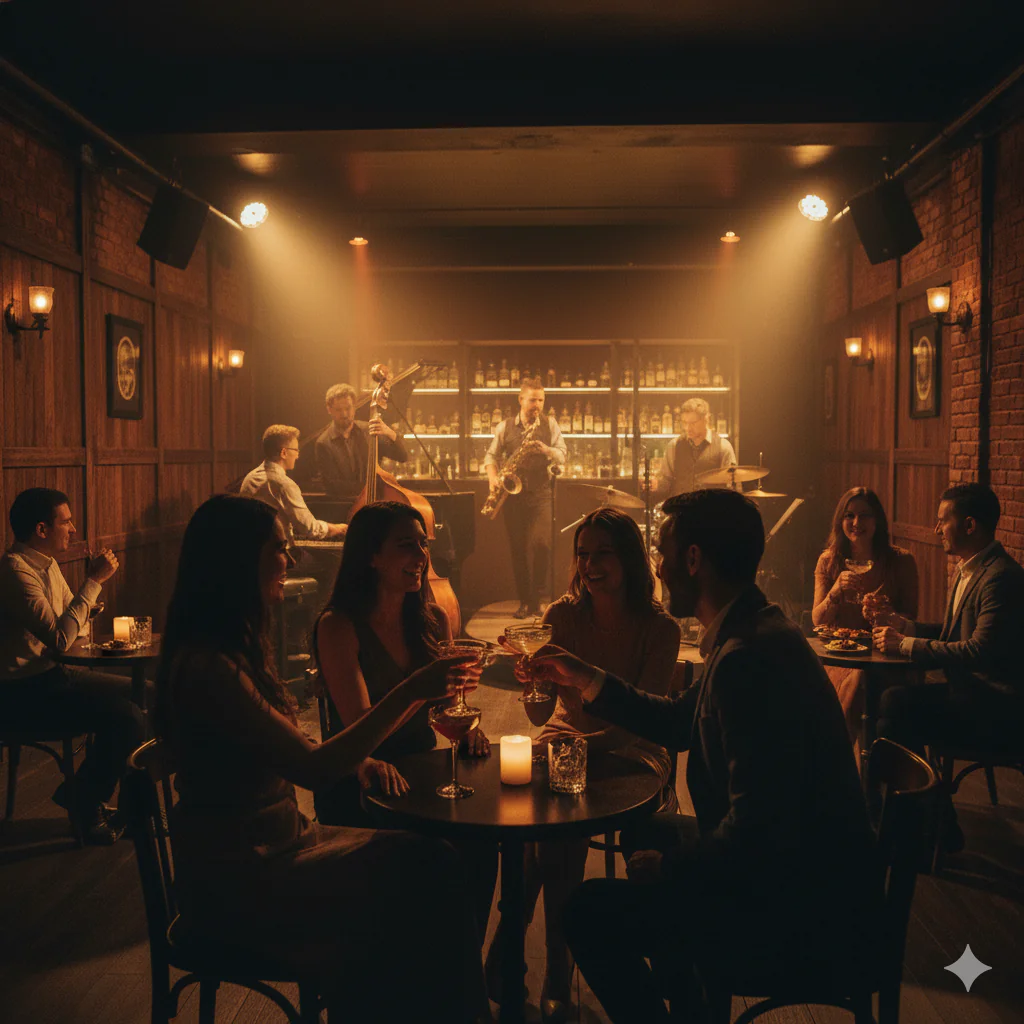 collègues de travail qui sont dans un bar secret haut de gamme à l'ambiance jazz