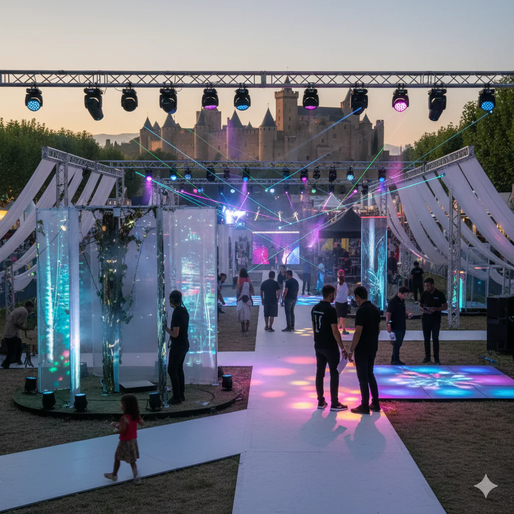 scénographie événementielle immersive avec des espaces modulables, des jeux de lumière interactifs ou zones sensorielles