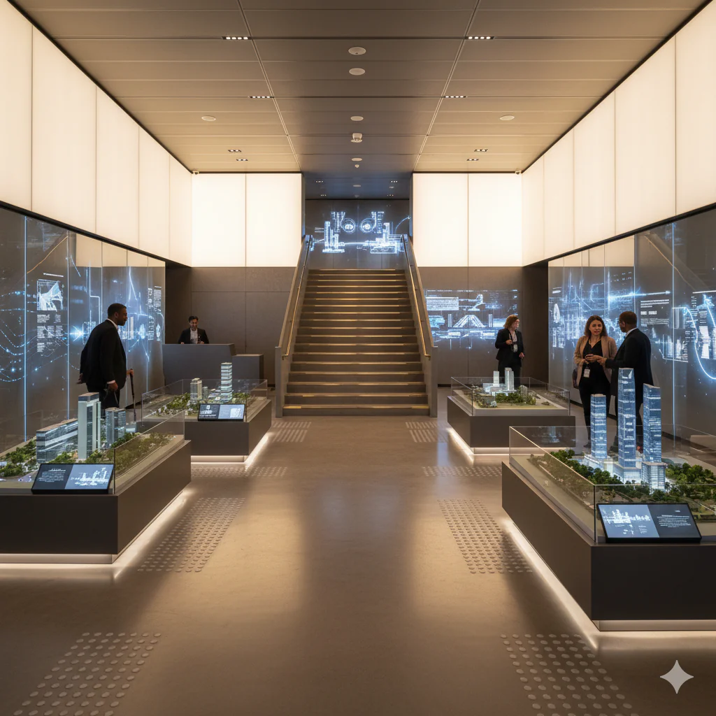 lieu événementiel avec bandes podotactives, lumières homogènes, maquettes 3D, ambiances descriptive et nez-de-marche aux escaliers