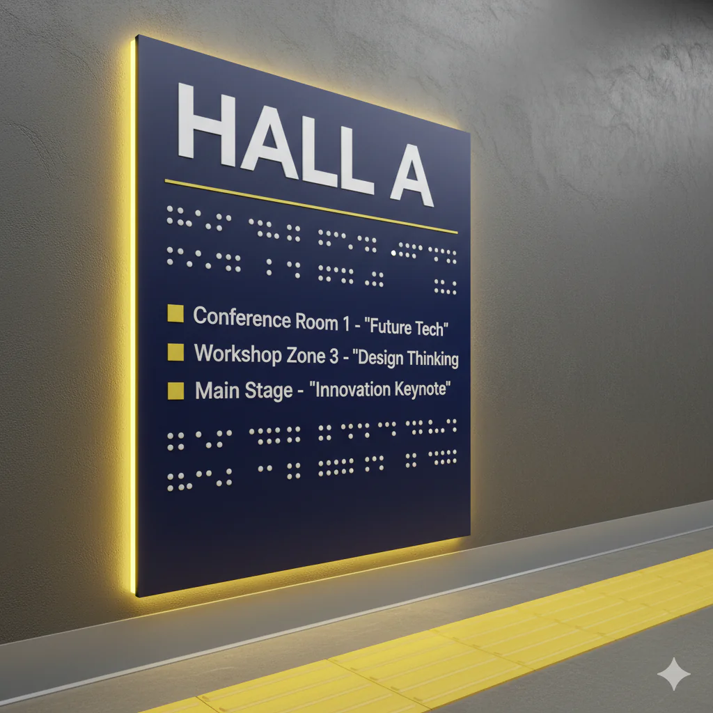 panneau de signalétique dans un lieu événementiel avec une signalétique en braille