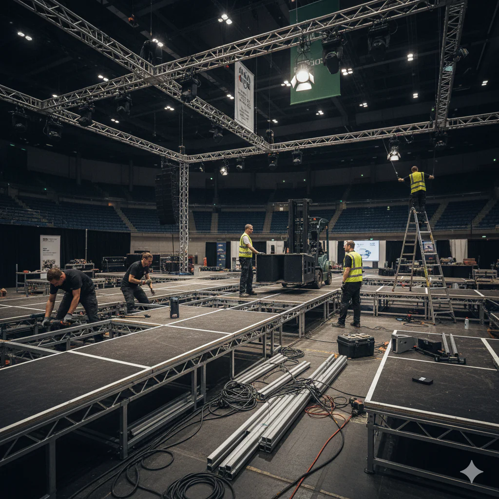 installation d'un plateau scénique, techniciens événementiel