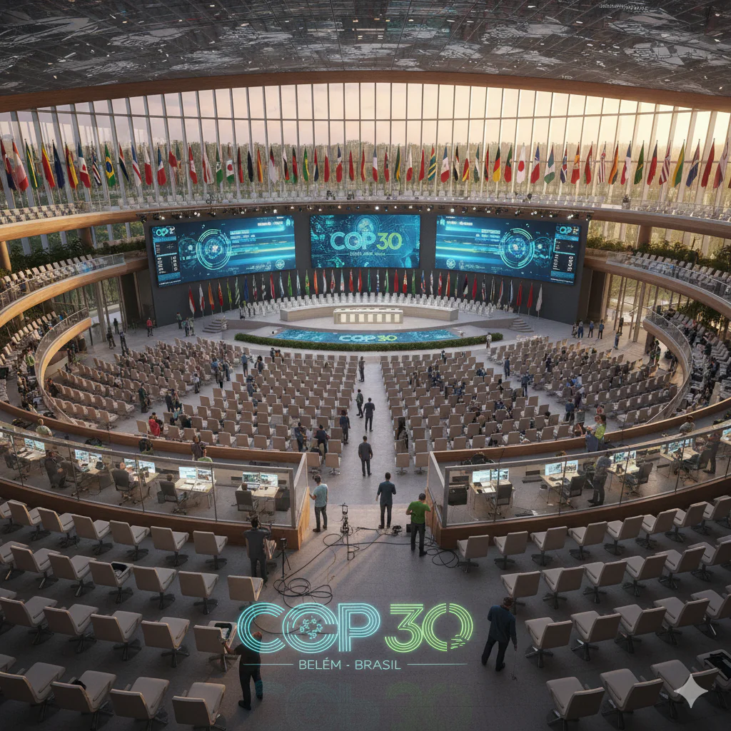 salle de conférence internationale en préparation, avec des équipes techniques, des cabines de traduction, et des drapeaux du monde entier