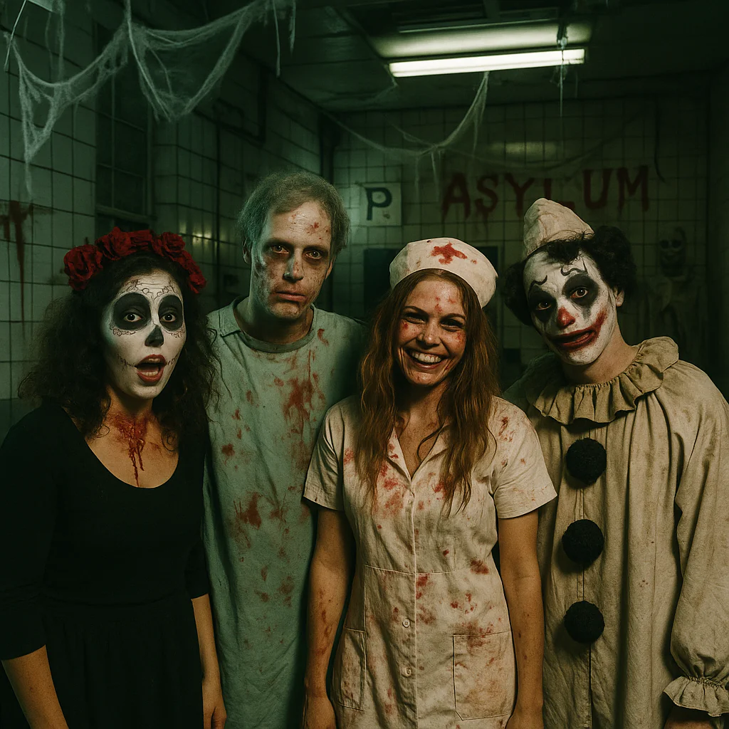 personnes déguisées lors d'une soirée d'Halloween, dans une salle décorée en hopital psychiatrique