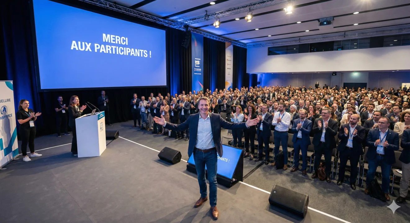 Un homme souriant en blazer bleu et jean se tient au centre d'une scène de conférence, les bras ouverts, remerciant un large public debout et applaudissant dans une grande salle.
