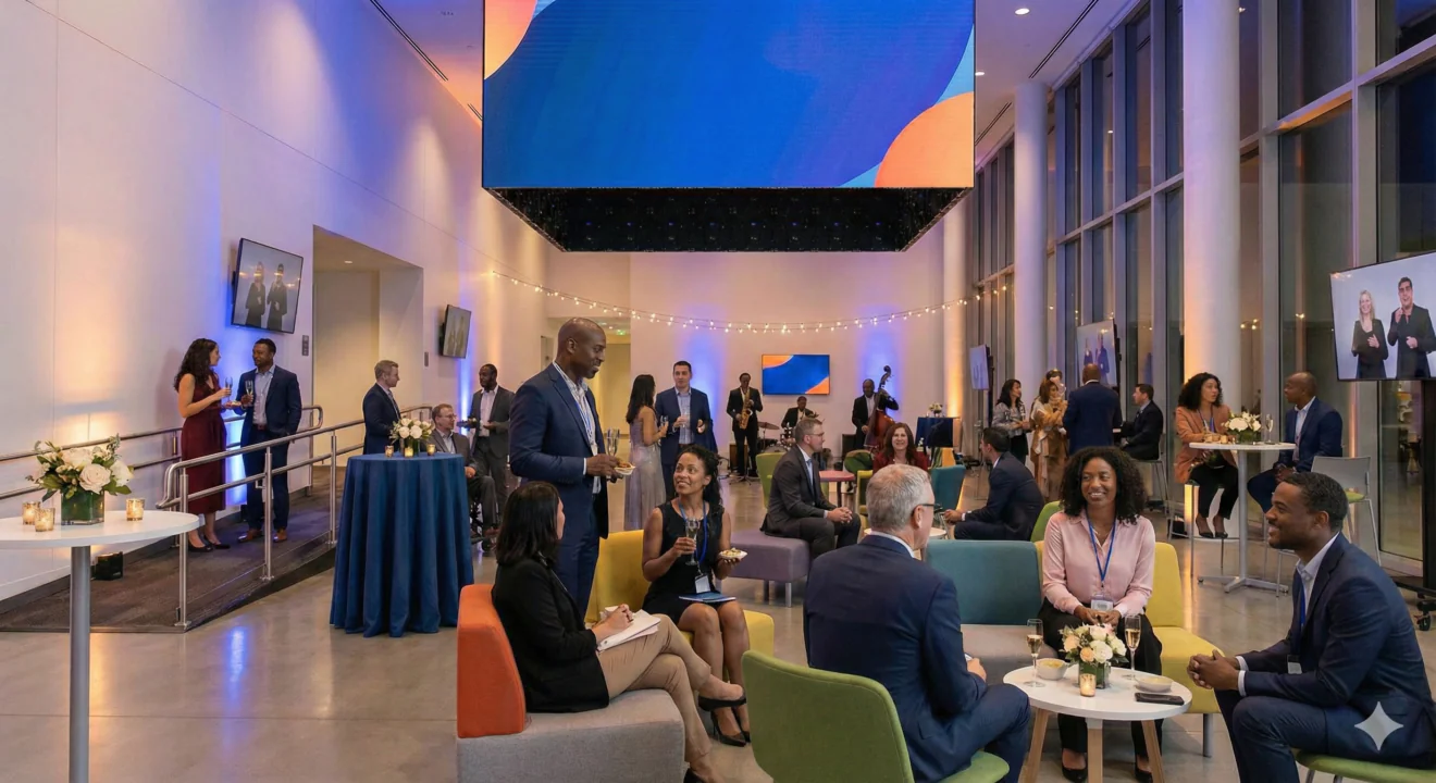 cocktail de réseautage d'entreprise animé dans un hall moderne et spacieux le soir.