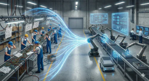 Un groupe diversifié de professionnels humains et de robots humanoïdes en argent collabore dans un bureau moderne