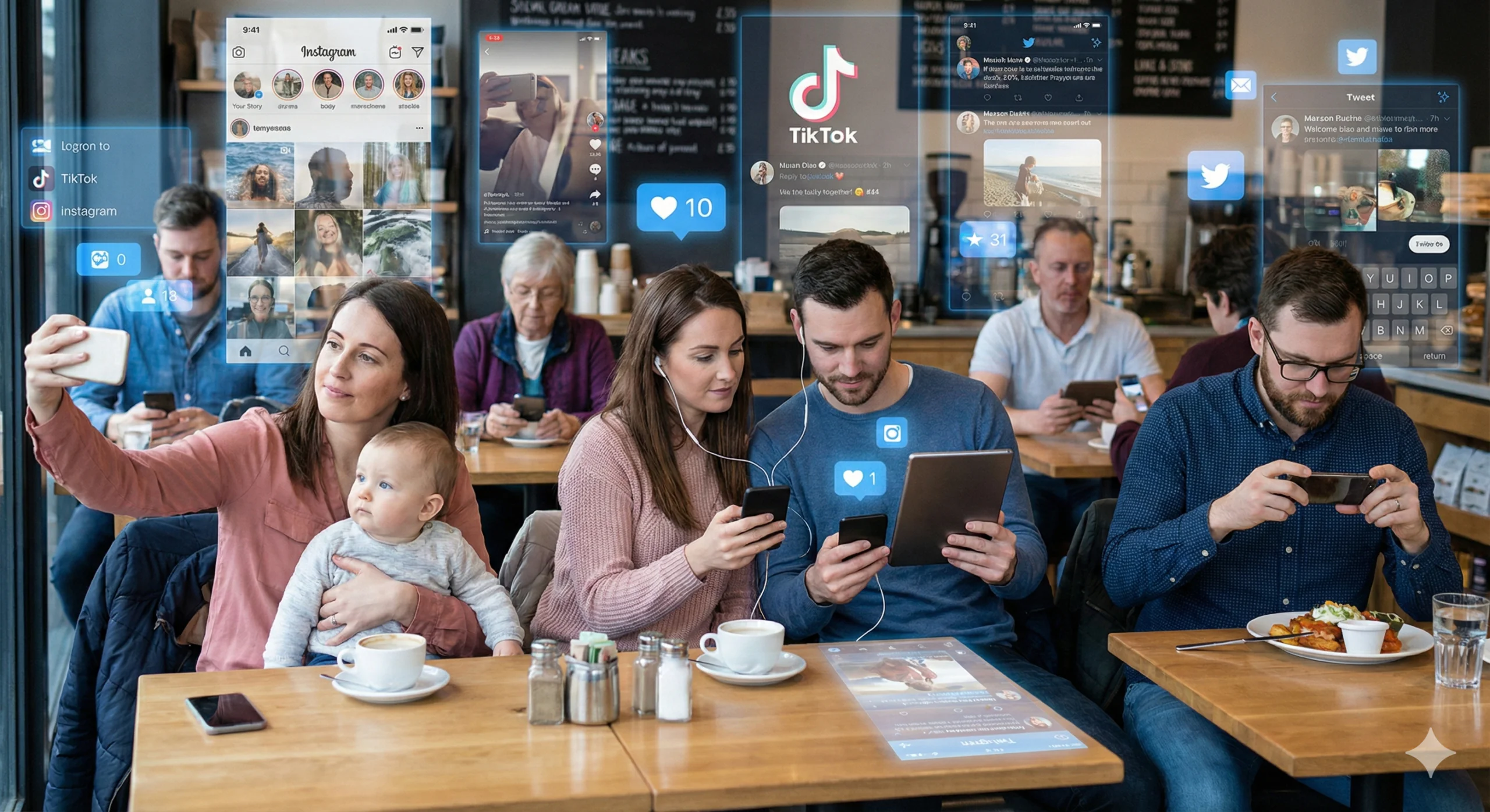 L'image capture une scène dans un café où des personnes de tous âges sont immergées dans leurs appareils électroniques, interagissant avec des interfaces holographiques de réseaux sociaux populaires comme TikTok, Instagram et Twitter.