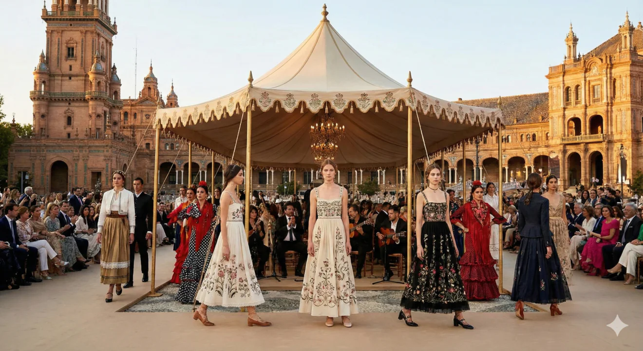Un défilé de mode Dior a lieu en plein air sur la Plaza de España à Séville.