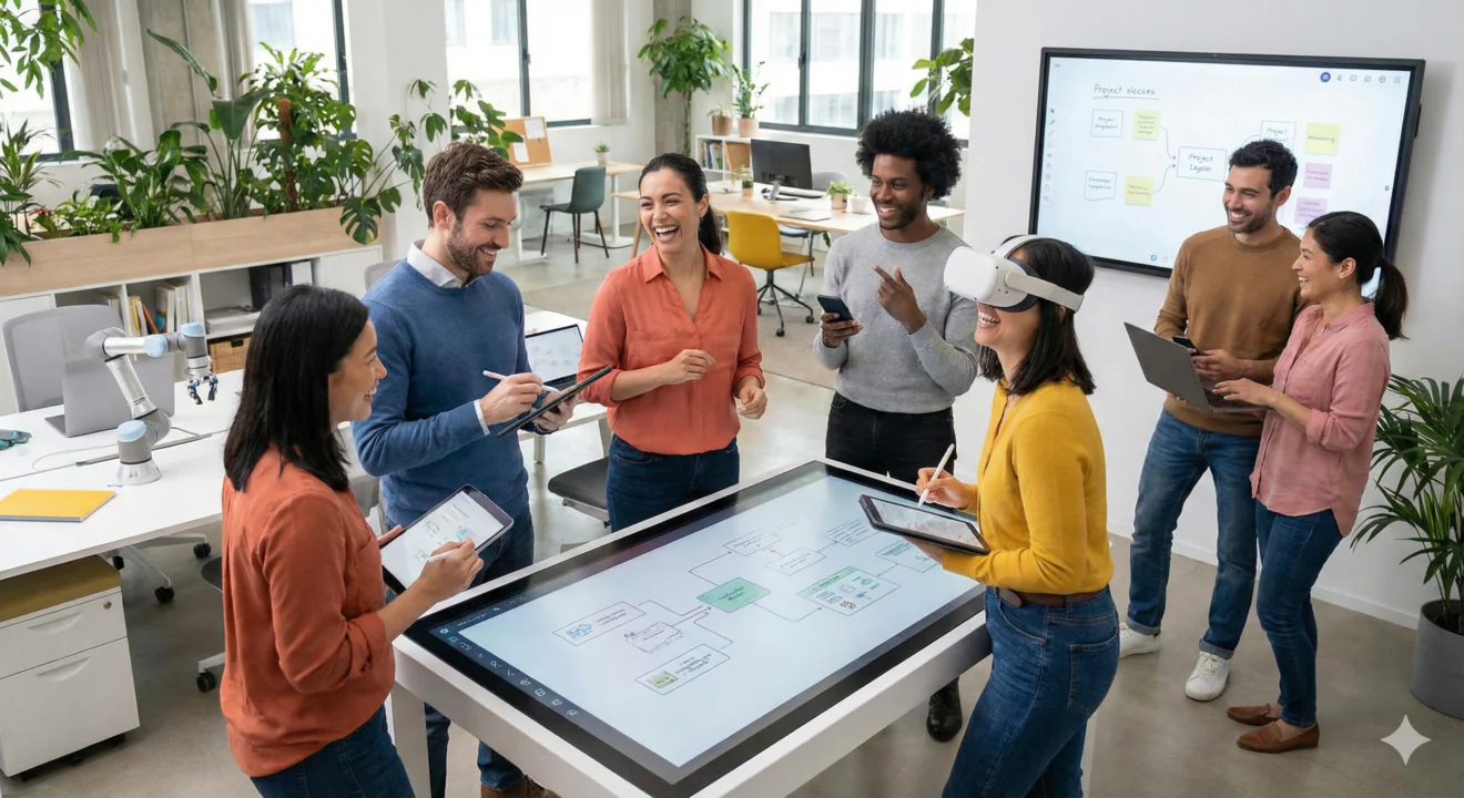 L'image montre un groupe diversifié de collègues travaillant ensemble dans un bureau moderne et lumineux.